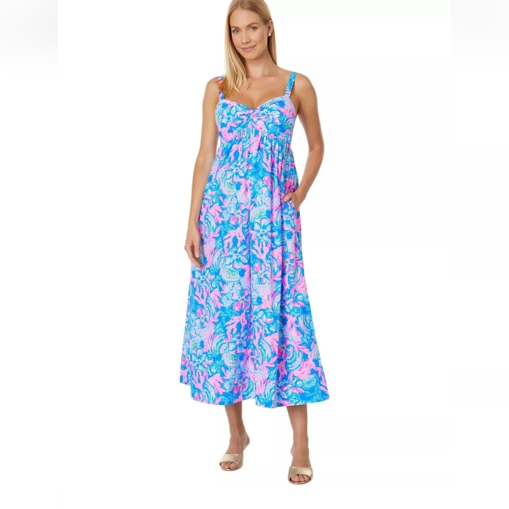 Nwt Lilly Pulitzer Arora cotton midi dress blue tang sitting seaside size 10,00